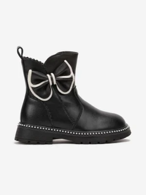 Czarne Eleganckie Botki z Kokardką Zdobione Nitami przy Podeszwie Riellena