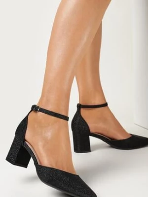 Czarne Eleganckie Czółenka na Słupku z Brokatem i Sprzączką Evadora