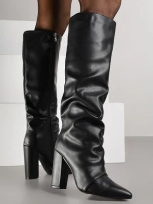 Czarne Eleganckie Kozaki do Kolana na Słupku z Marszczoną Cholewką Badira joalice paris