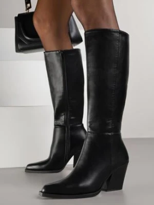 Czarne Eleganckie Kozaki do Kolana na Stożkowym Obcasie z Noskiem w Szpic Seolina ideal