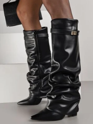 Czarne Eleganckie Kozaki na Słupku z Marszczoną Cholewką Imitującą Nogawkę Favea