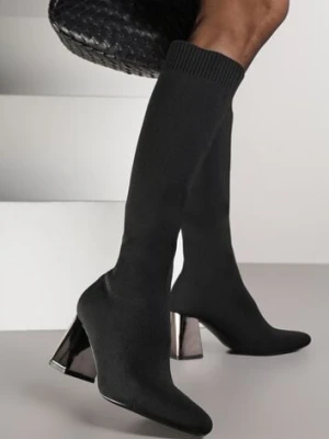 Czarne Eleganckie Kozaki VICES na Metalicznym Obcasie ze Skarpetkową Cholewką Nalaina