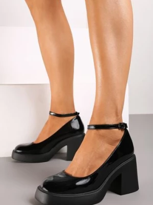 Czarne Eleganckie Lakierowane Czółenka na Platformie i Słupku Jesivia