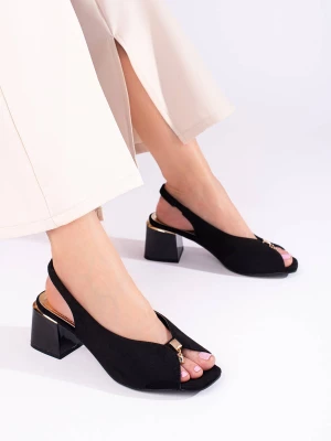 Czarne eleganckie sandały damskie zamszowe na słupku Shelovet Merg