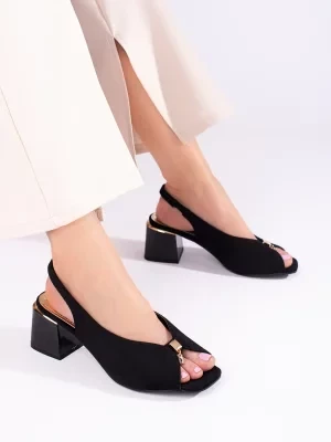 Czarne eleganckie sandały damskie zamszowe na słupku Shelvt