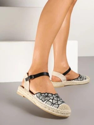 Czarne Sandały Espadryle na Płaskiej Podeszwie Ozdobione Plecionką i Koronką Lealieta