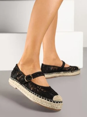 Czarne Espadryle na Plecionej Podeszwie z Paskiem i Koronkową Cholewką Tatonia