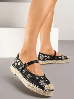 Czarne Espadryle z Siateczki na Plecionej Podeszwie Zdobione Haftem Evelritia marquiiz