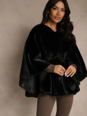 Czarne Futerkowe Ponczo Ozdobione Paskiem Monareva