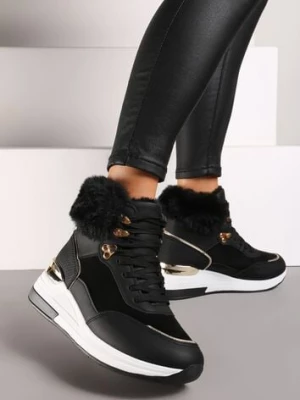 Czarne Futerkowe Sneakersy na Koturnie z Metalicznymi Wstawkami Kaithrin