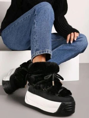 Czarne Futerkowe Śniegowce Wsuwane na Platformie z Imitacją Sznurówek Linettia