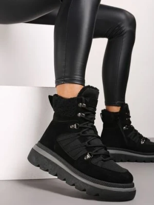 Czarne Futerkowe Traperki na Niskiej Platformie Linivora