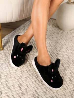 Czarne Futrzane Kapcie Vices na Platformie z Tłoczeniem w Stylu Królika Adarevia