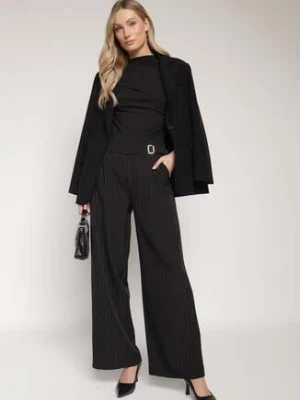 Czarne Garniturowe Spodnie Szerokie z Wiskozą i Paskiem Ellifira new collection