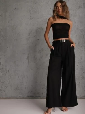 Czarne Garniturowe Spodnie Szerokie z Wiskozy z Paskiem Moun