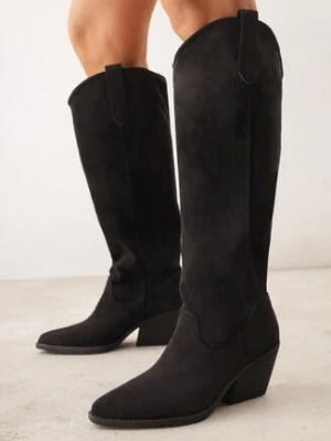 Czarne Gładkie Kozaki Kowbojki z Imitacji Zamszu na Stożkowym Obcasie Karelia joalice paris