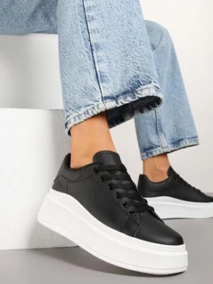 Czarne Gładkie Sneakersy z Ekoskóry na Grubej Podeszwie ze Sznurowaniem Avara sesamall