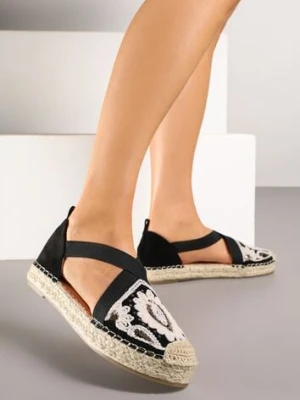 Czarne Haftowane Espadryle z Elastycznymi Paskami na Podeszwie z Plecionki Fodamira mellisa