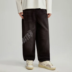 Czarne jeansy baggy fit acid wash z nadrukiem House