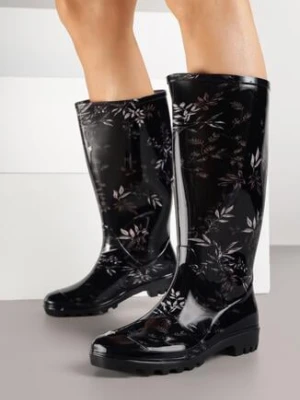 Czarne Kalosze ze Wzorem Liści Rilenella