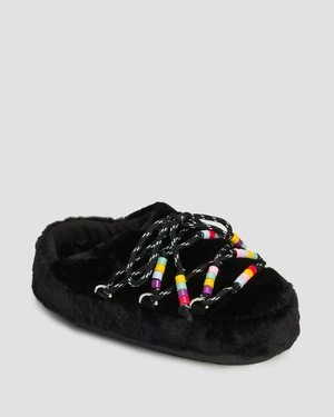 Czarne kapcie futrzane damskie Moon Boot Mule Faux Fur Beads
