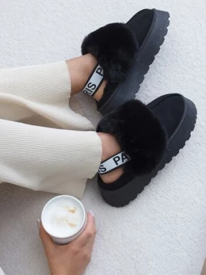 Czarne Kapcie na Platformie Ozdobione Futerkiem i z Gumką Przy Pięcie Titanra