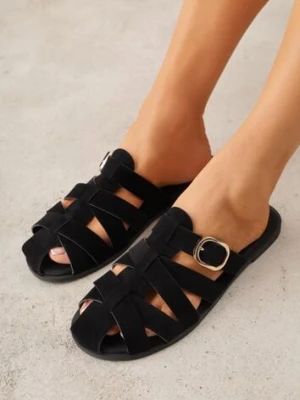 Czarne Klapki Gladiatorki z Ozdobną Sprzączką Lusanatia mulanka