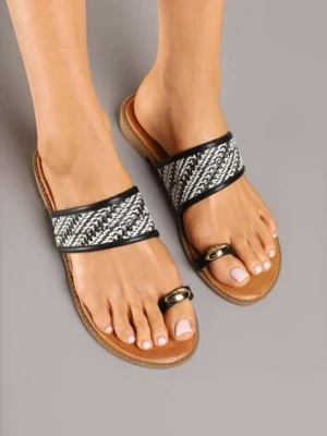 Czarne Klapki Japonki z Plecionką i Metaliczną Ozdobą Doreine renda