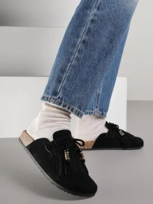 Czarne Klapki Mule z Imitacji Zamszu Zdobione Koralikami i Frędzlami Elwedena bestelle