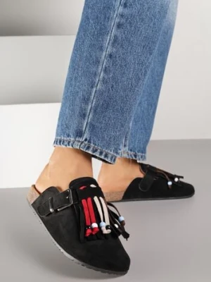 Czarne Klapki Mule z Oryginalnym Zdobieniem z Frędzlami Beladde tulipano