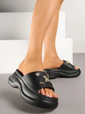 Czarne Klapki na Grubej Podeszwie z Cyrkoniami Islia ideal