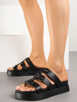 Czarne Klapki na Grubej Podeszwie z Trzema Paskami i Nitami Milfitia super mode