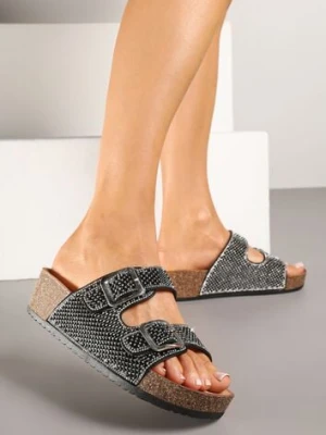 Czarne Klapki na Korkowej Podeszwie Ozdobione Cyrkoniami Belsedi tulipano