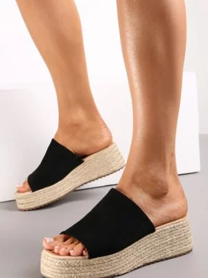 Czarne Klapki na Koturnie z Platformą Obleczonych Plecionką z Juty Bohalis