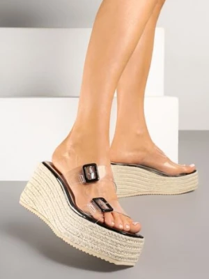 Czarne Klapki na Koturnie z Plecionką i Transparentnymi Paskami i Klamrami Lunitielle fashion belle