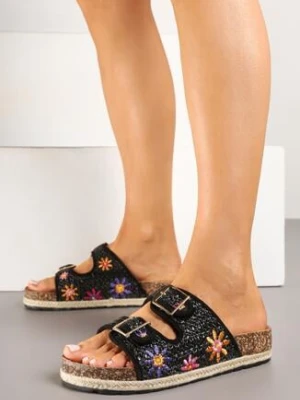 Czarne Klapki na Krokowej Grubej Podeszwie z Plecionką i Wzorem Kwiatów Wioleira ideal