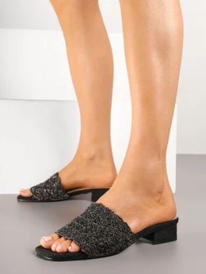 Czarne Klapki na Niskim Słupku z Plecionką Galiona weide