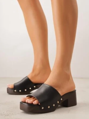 Czarne Klapki na Obcasie i Platformie z Kwadratowym Noskiem i Nitami Ellebianca marquiiz