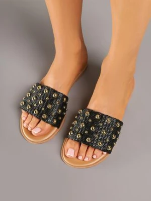 Czarne Klapki na Płaskiej Podeszwie Zdobione Nitami Tariviel seastar