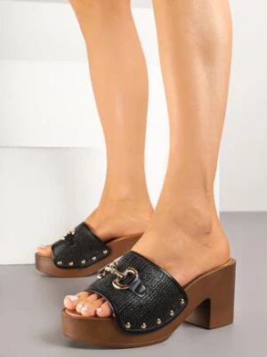 Czarne Klapki na Platformie i Obcasie Ozdobione Klamrą Liloti besty