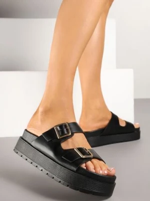 Czarne Klapki na Platformie z Paskami ze Sprzączkami Kaliora
