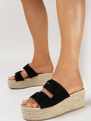 Czarne Klapki na Plecionej Koturnie Helimina