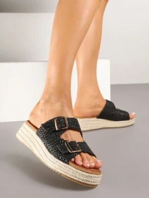 Czarne Klapki na Plecionej Podeszwie Ozdobionej Klamrami Liaritia c'm paris