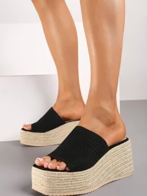 Czarne Klapki na Plecionym Koturnie z Szerokim Paskiem Kalessa