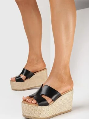 Czarne Klapki na Wysokim Koturnie z Platformą z Ozdobną Plecionką Narsie