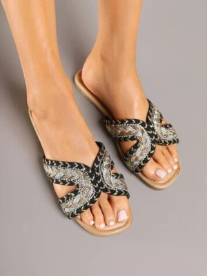 Czarne Klapki Ozdobione Geometrycznym Wzorem Galirena ciaodeo