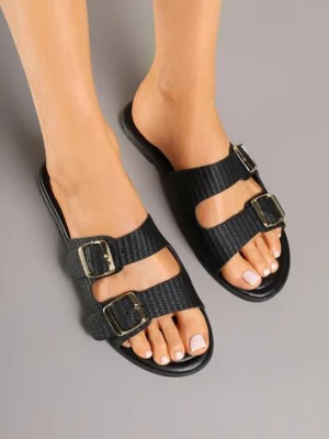 Czarne Klapki Ozdobione Klamrami i Paskami Iffarene mulanka