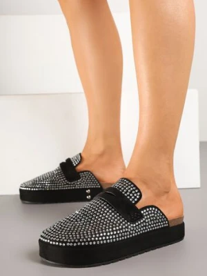 Czarne Klapki Ozdobione Paskiem i Cyrkoniami Aludessa lady glory