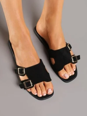 Czarne Klapki Ozdobione Wycięciami i Klamrami Alutha givana