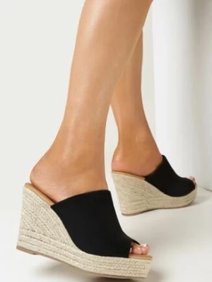 Zdjęcie produktu Czarne Klapki Peep Toe na Plecionym Koturnie Esadima